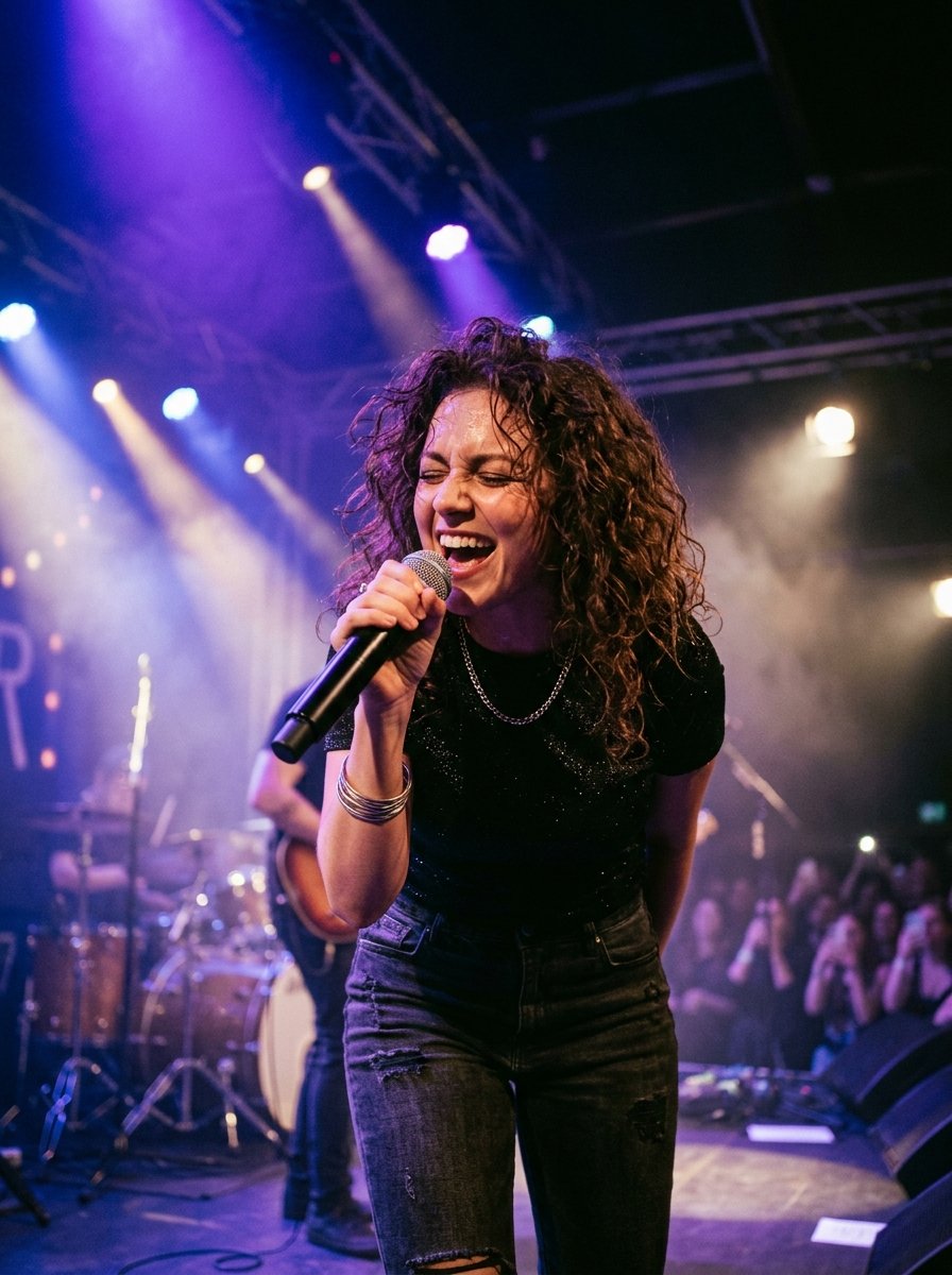 Cantora em palco representando soluções para artistas