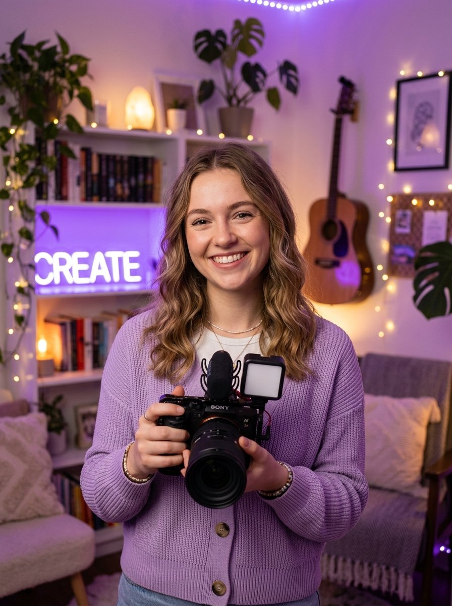 Criadora de conteúdo com equipamento de vídeo