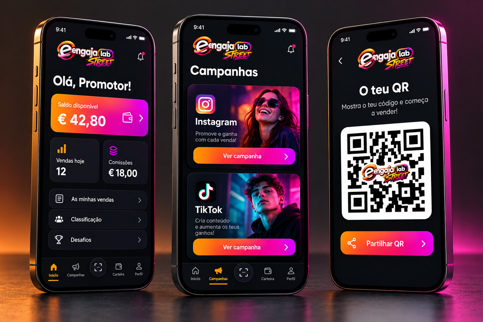 Mockup ilustrativo Engaja Street: dashboard, campanhas e QR