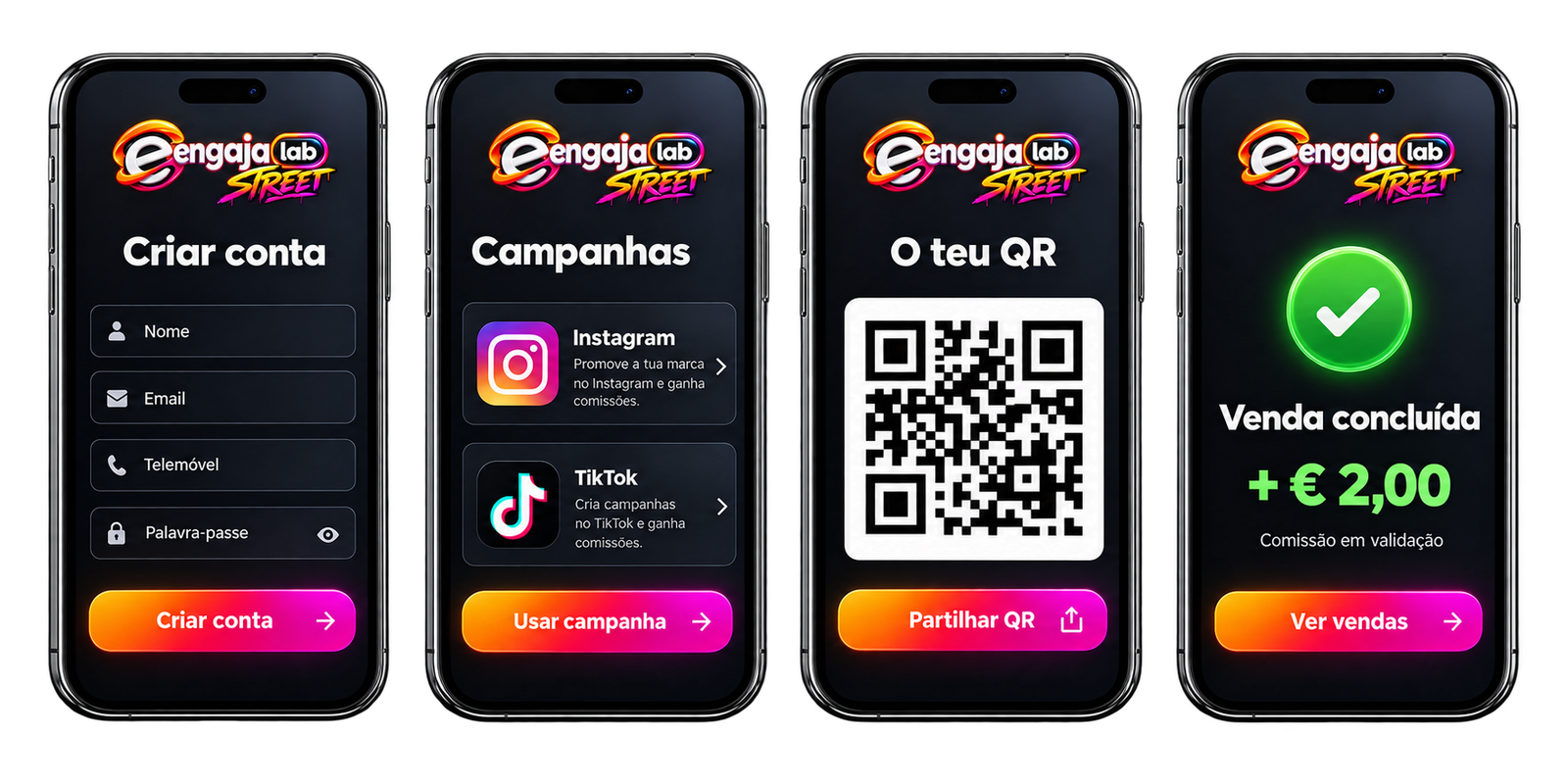 Quatro mockups ilustrativos: cadastro, escolha de campanha, QR e venda concluída